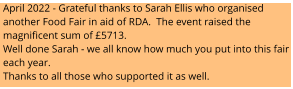 April 2022 - Grateful thanks to Sarah Ellis who organised another Food Fair in aid of RDA.  The event raised the magnificent sum of £5713.Well done Sarah - we all know how much you put into this fair each year.Thanks to all those who supported it as well.